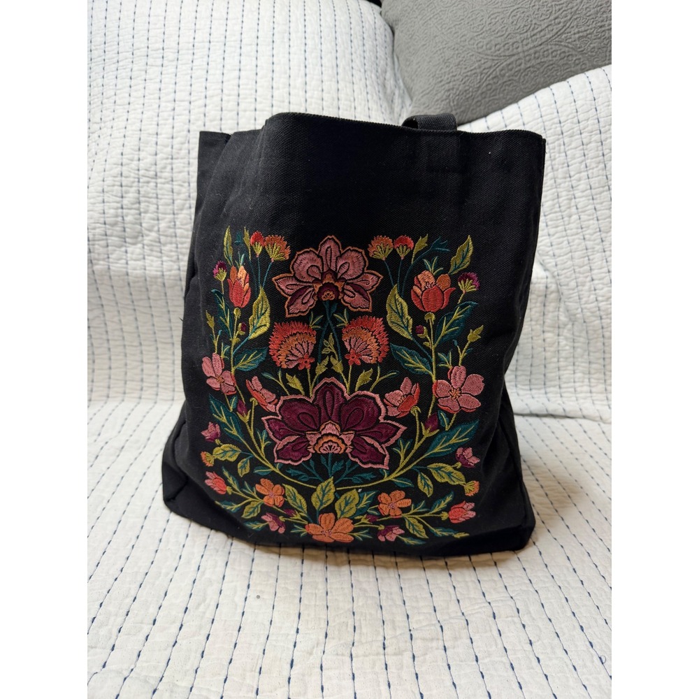 Punch Studio Black Canvas Tote Bag Floral Embroidered Boho Shoulder Bag
